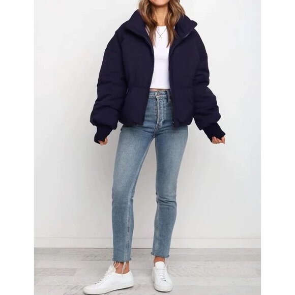 Women’s Navy Winter Cropped Puffer Jacket Coat Short Warm Quilted Jacket - Picture 4 of 7